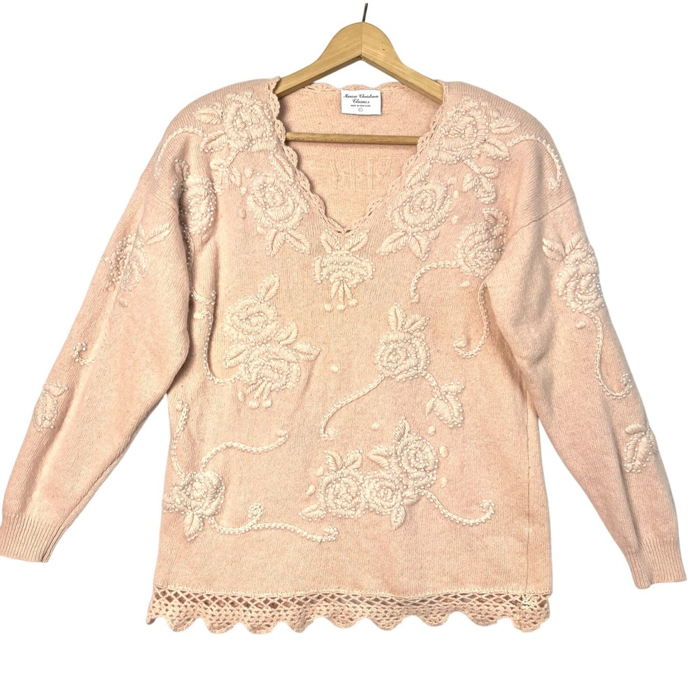 VTG Marisa Christina Pink Lambs Wool Angora Embroidered Pearl Coquette Sweater